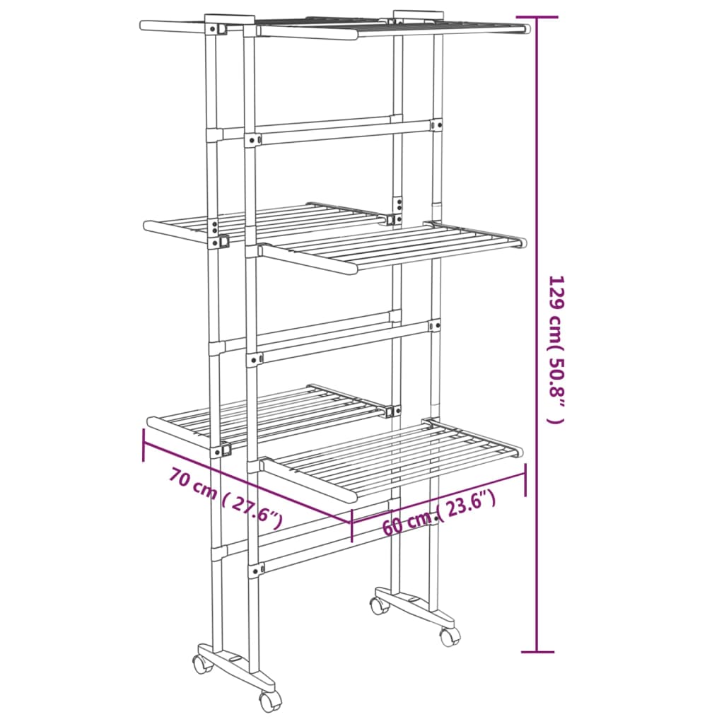 3-Tier Laundry Drying Rack with Wheels Silver 60x70x129 cm - OLBRIT