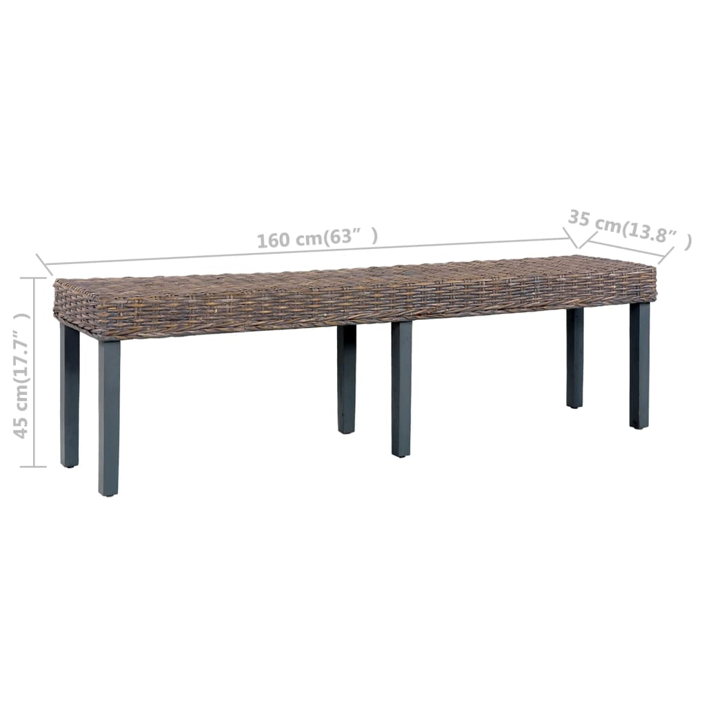 Bench 160 cm Grey Natural Kubu Rattan and Solid Mango Wood - OLBRIT