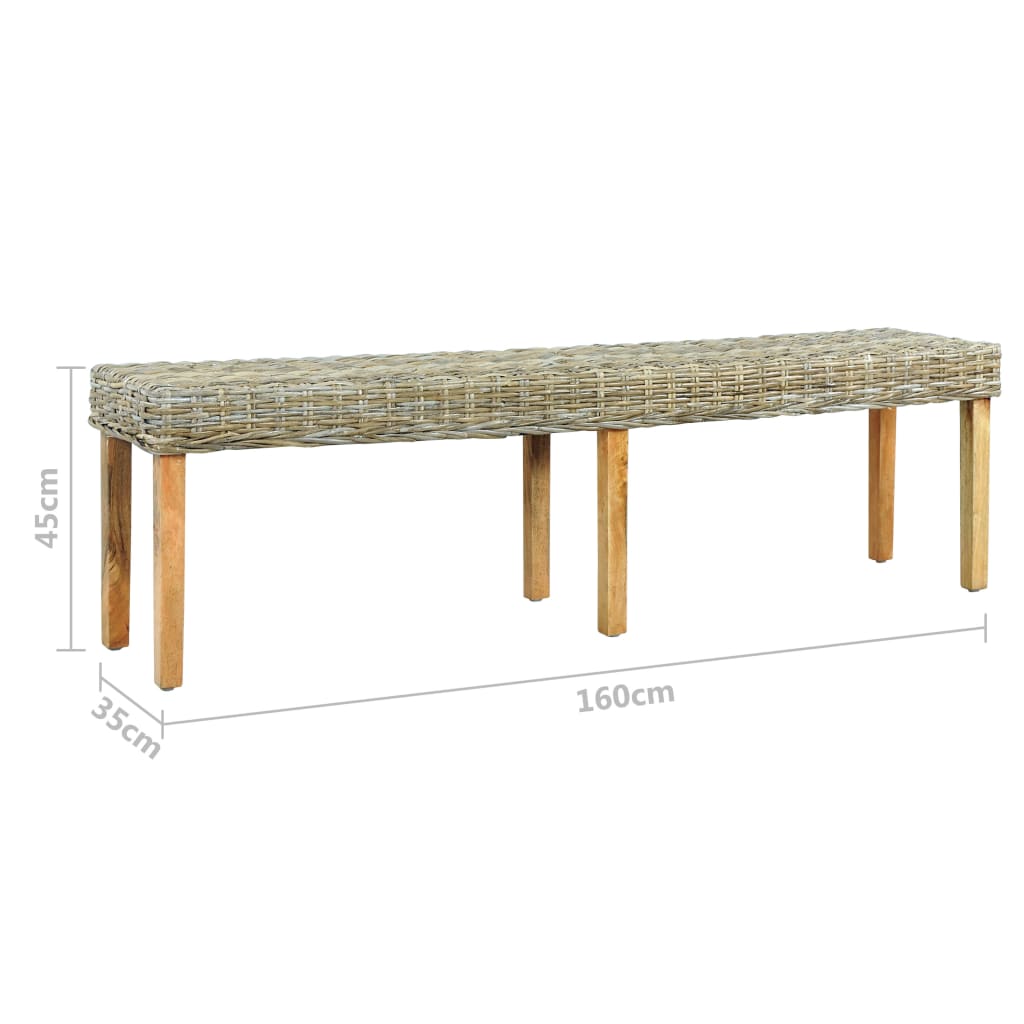 Bench 160 cm Natural Kubu Rattan and Solid Mango Wood - OLBRIT