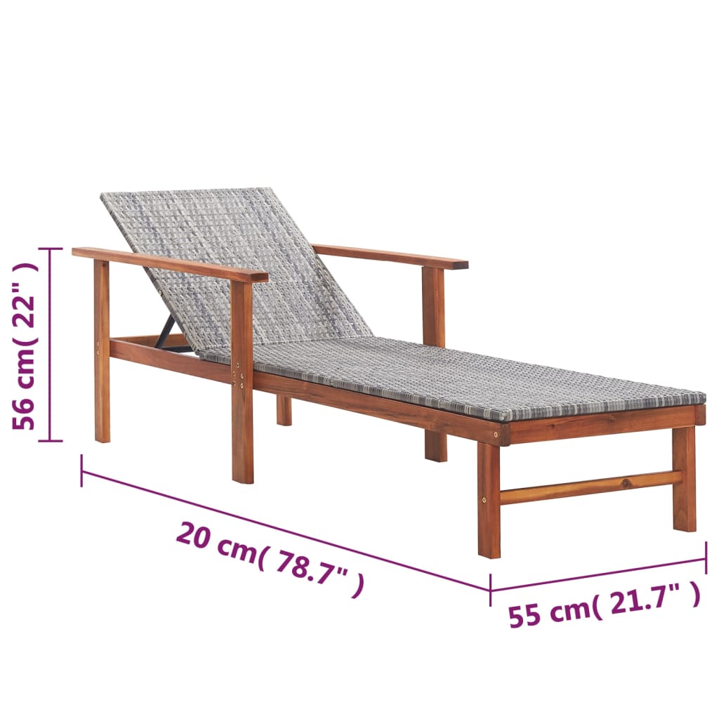 Sun Lounger Poly Rattan and Solid Acacia Wood Grey - OLBRIT