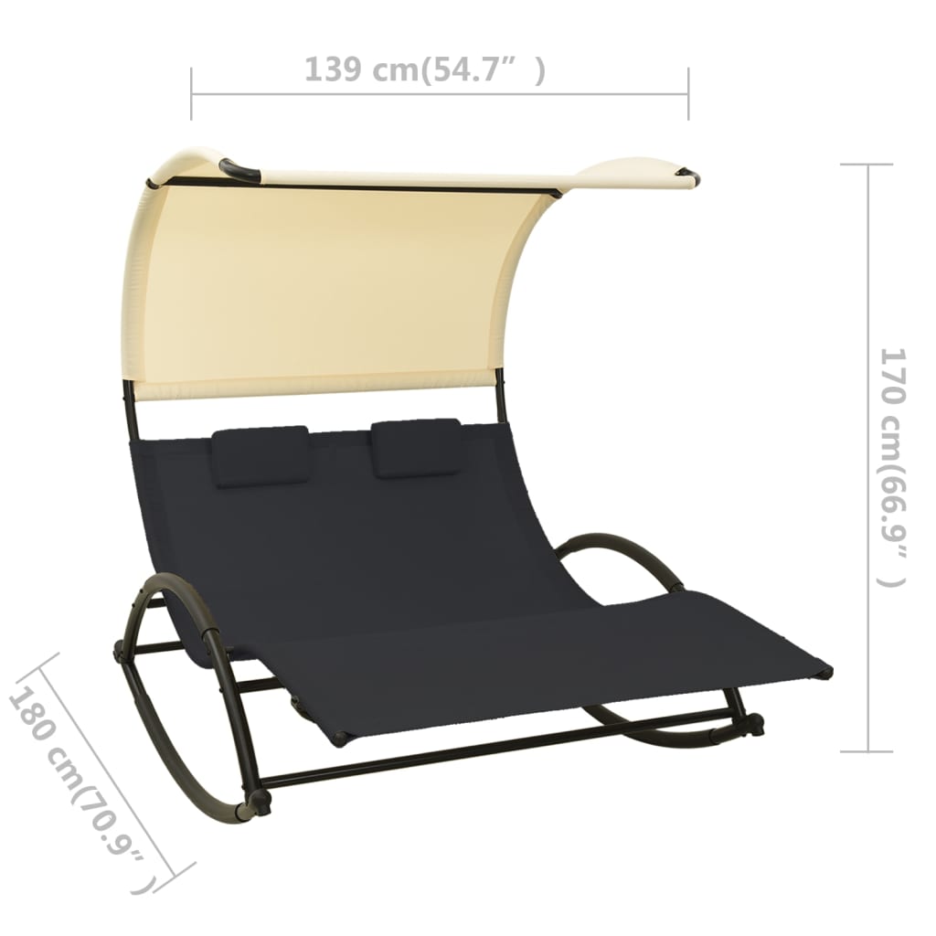Double Sun Lounger with Canopy Textilene Black and Cream - OLBRIT
