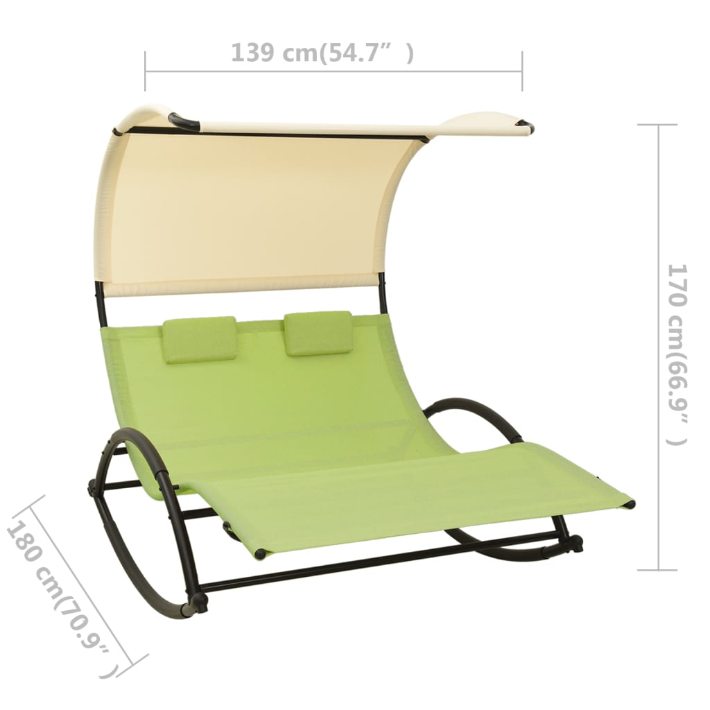 Double Sun Lounger with Canopy Textilene Green and Cream - OLBRIT