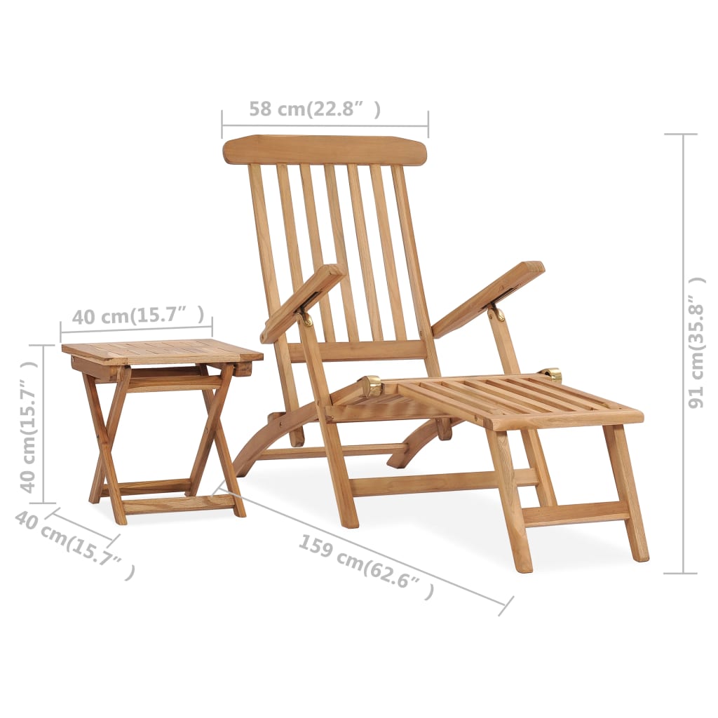 Garden Deck Chair with Footrest and Table Solid Teak Wood - OLBRIT