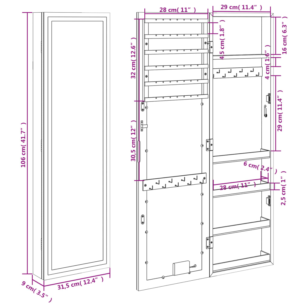 Mirror Jewellery Cabinet with LED Lights Wall Mounted - OLBRIT