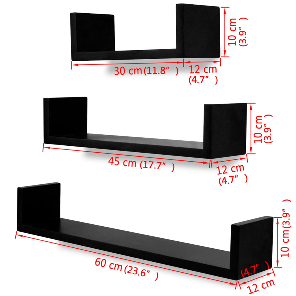 3 Black MDF U-shaped Floating Wall Display Shelves Book/DVD Storage - OLBRIT