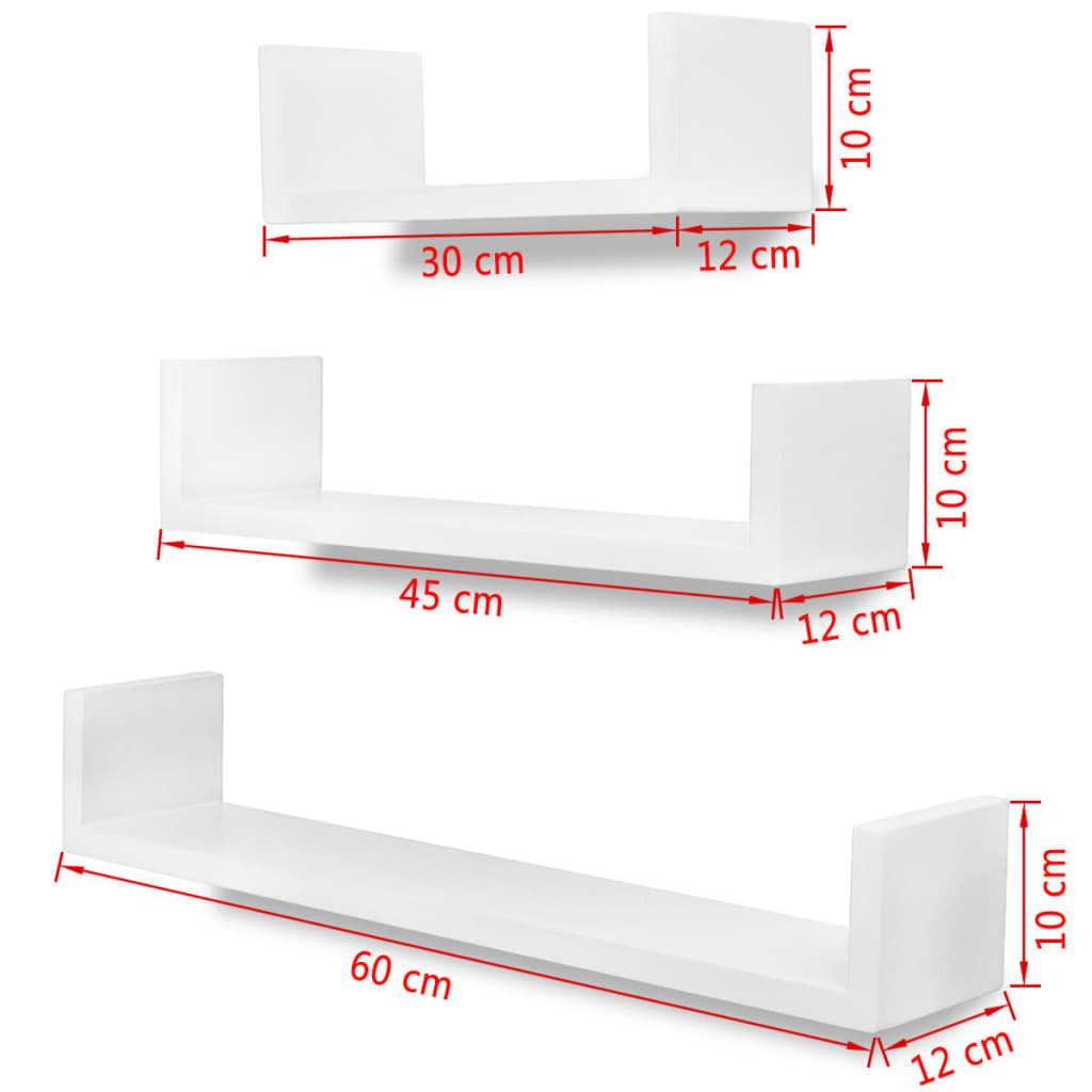 3 White MDF U-shaped Floating Wall Display Shelves Book/DVD Storage - OLBRIT