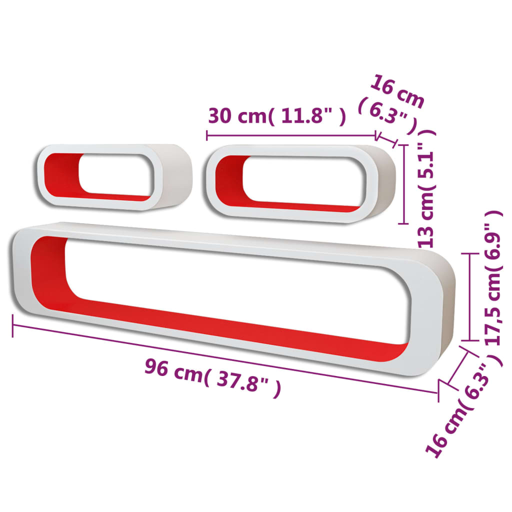 3 White-red MDF Floating Wall Display Shelf Cubes Book/DVD Storage - OLBRIT