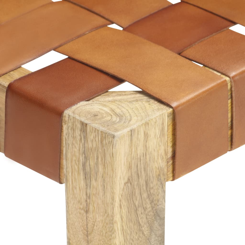 Stool Light Brown Real Leather and Solid Mango Wood - OLBRIT