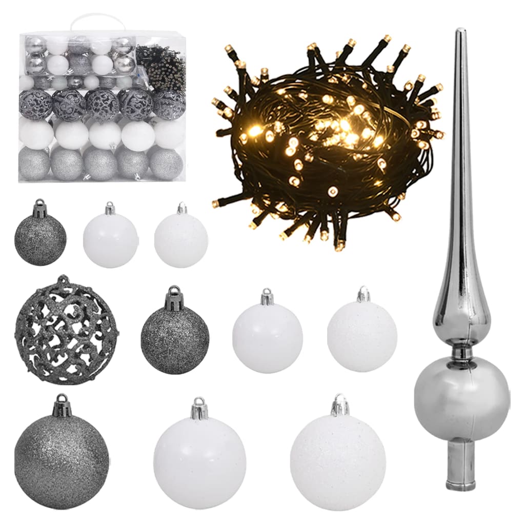 120 Piece Christmas Ball Set with Peak and 300 LEDs White & Grey - OLBRIT