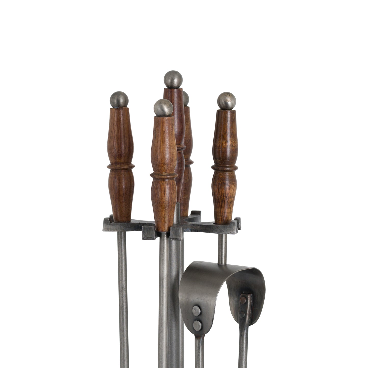 Hand Turned Fire Companion Set In Antique Pewter With Wooden Handles | OLBRIT