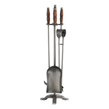 Hand Turned Fire Companion Set In Antique Pewter With Wooden Handles | OLBRIT