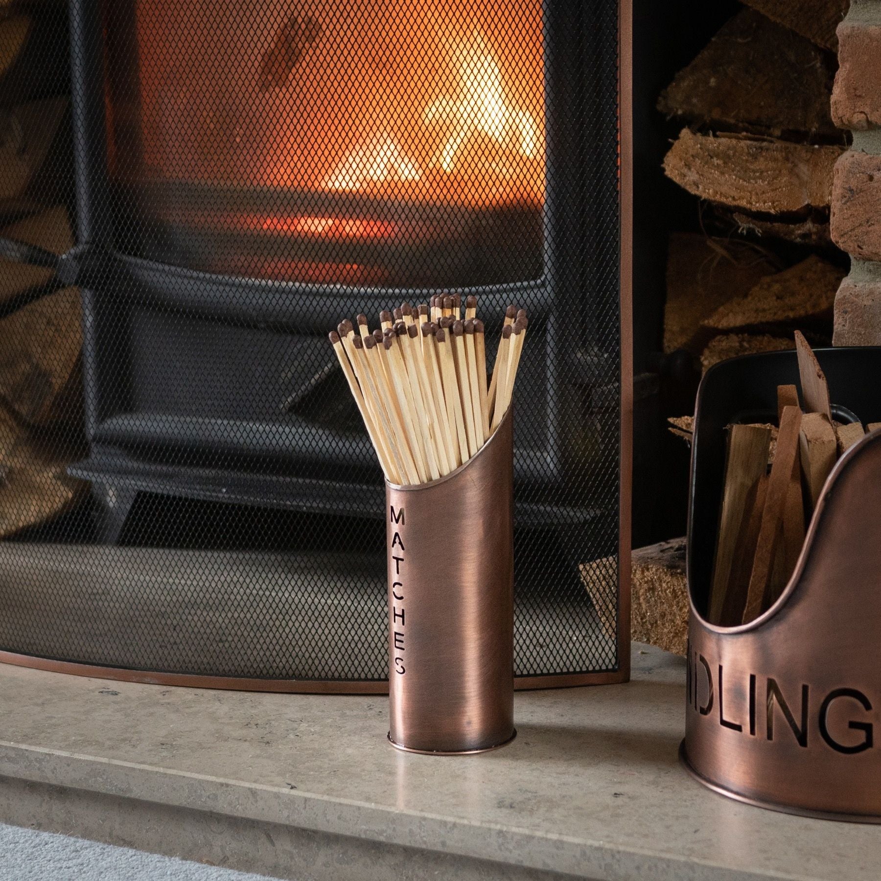 Copper Finish Logs And Kindling Buckets & Matchstick Holder | OLBRIT