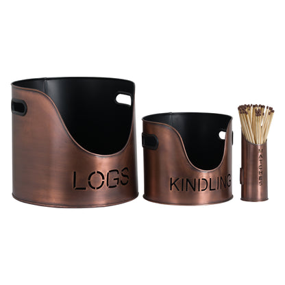 Copper Finish Logs And Kindling Buckets & Matchstick Holder | OLBRIT