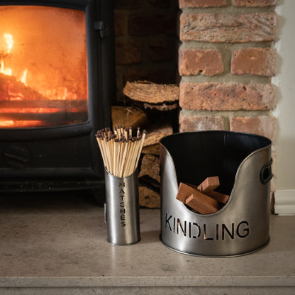 Pewter Finish Logs And Kindling Buckets & Matchstick Holder | OLBRIT