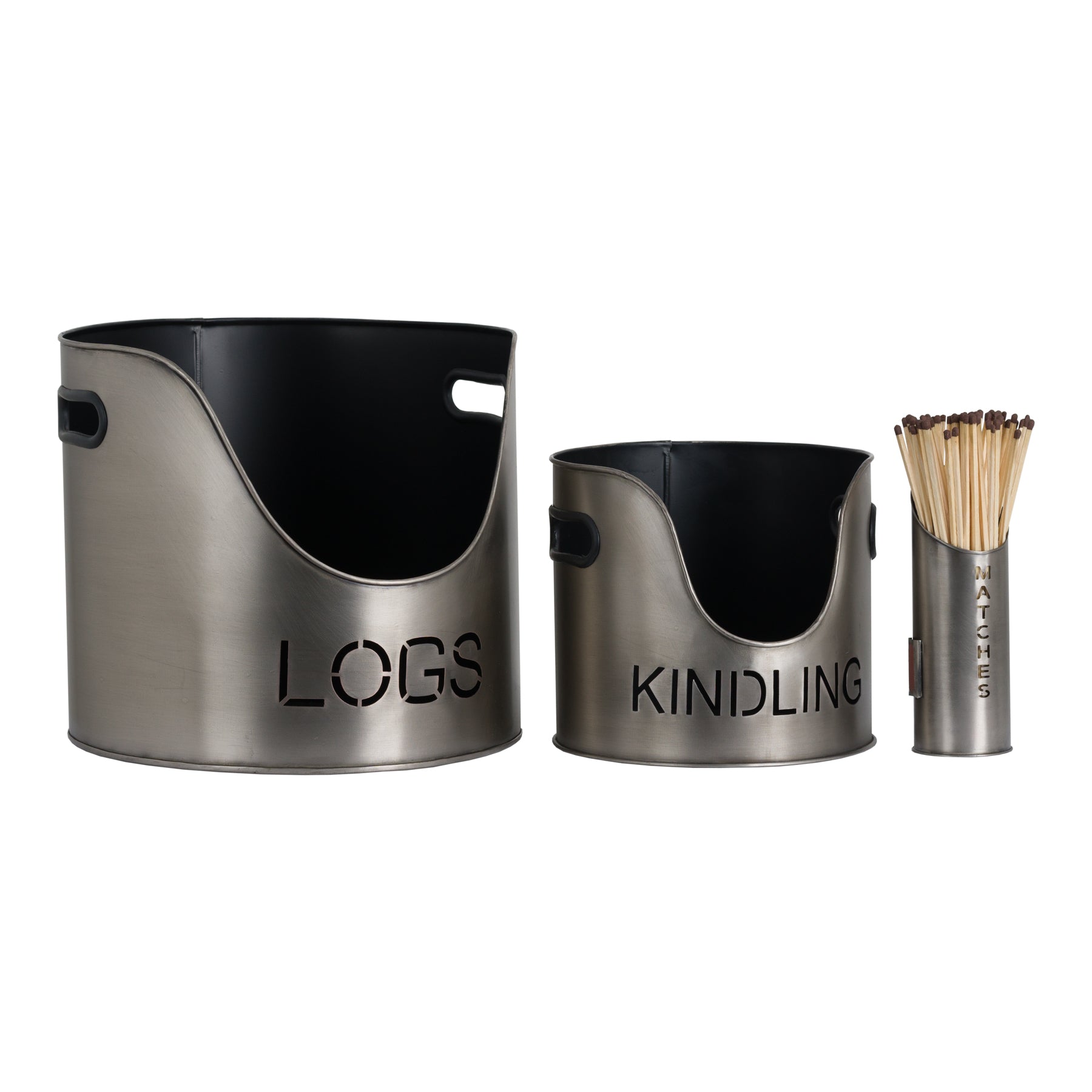 Pewter Finish Logs And Kindling Buckets & Matchstick Holder | OLBRIT