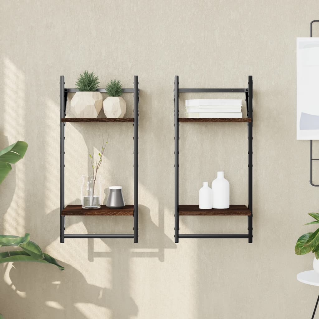 2-Tier Wall Shelves with Bars 2 pcs Brown Oak 30x25x65 cm - OLBRIT