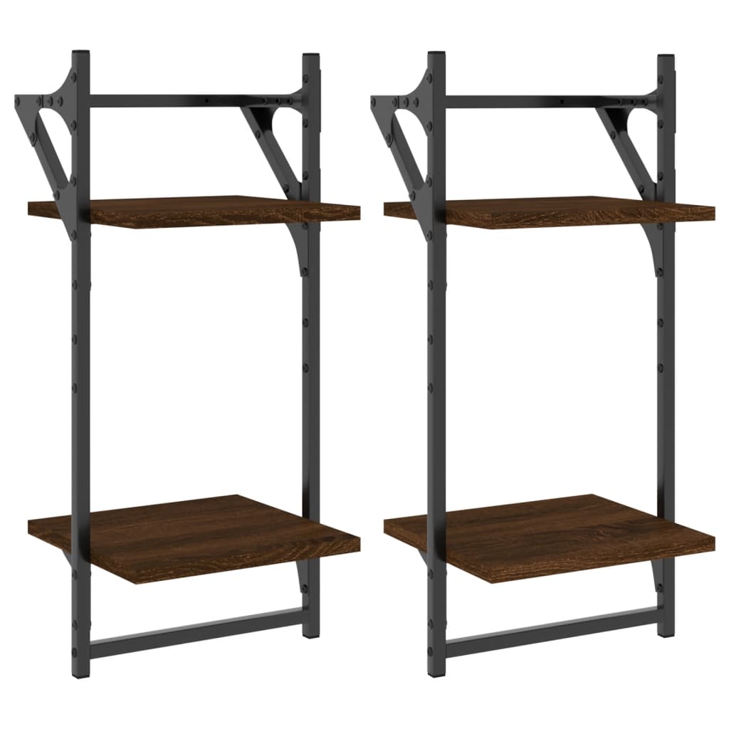 2-Tier Wall Shelves with Bars 2 pcs Brown Oak 30x25x65 cm - OLBRIT