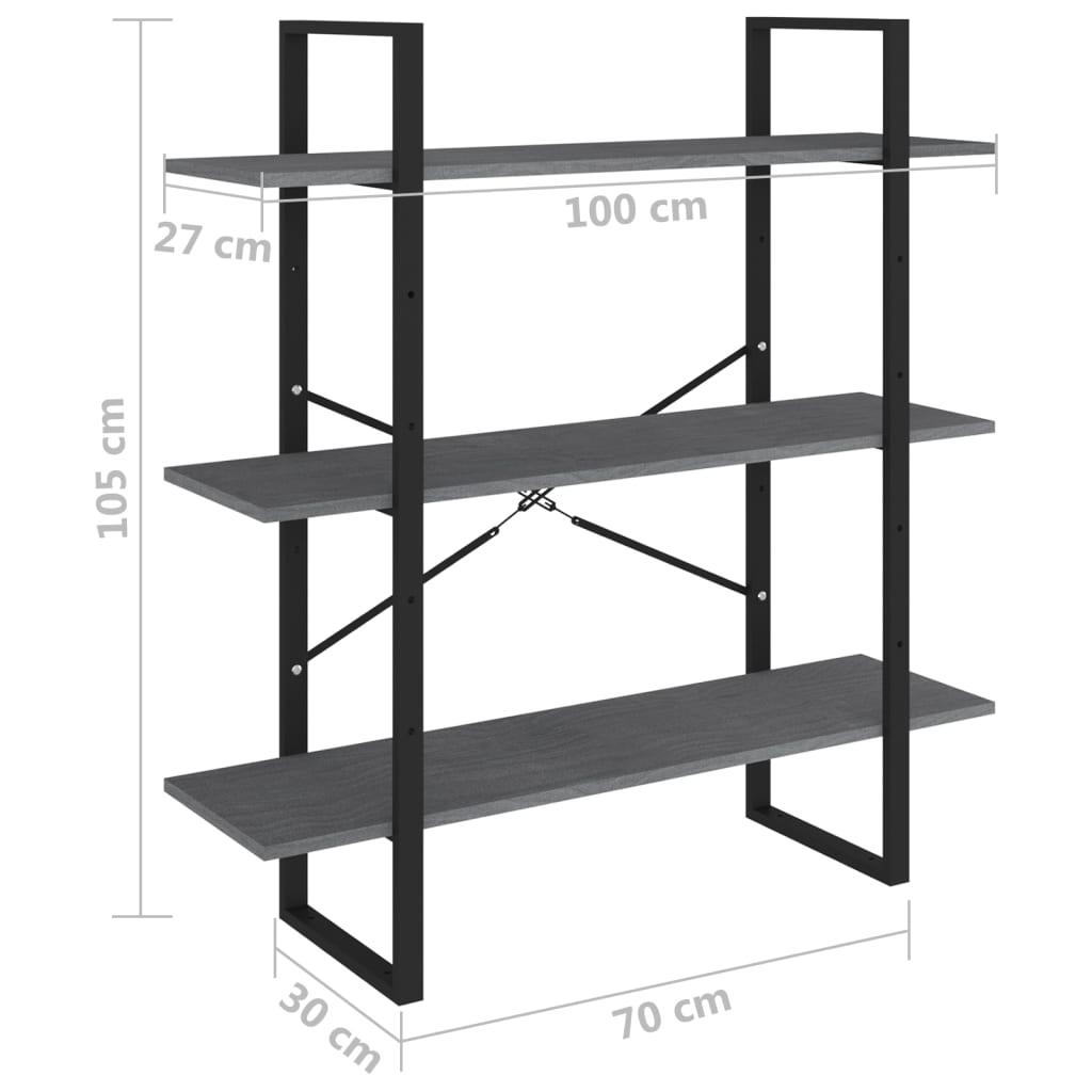 3-Tier Book Cabinet Grey 100x30x105 cm Solid Pine Wood - OLBRIT