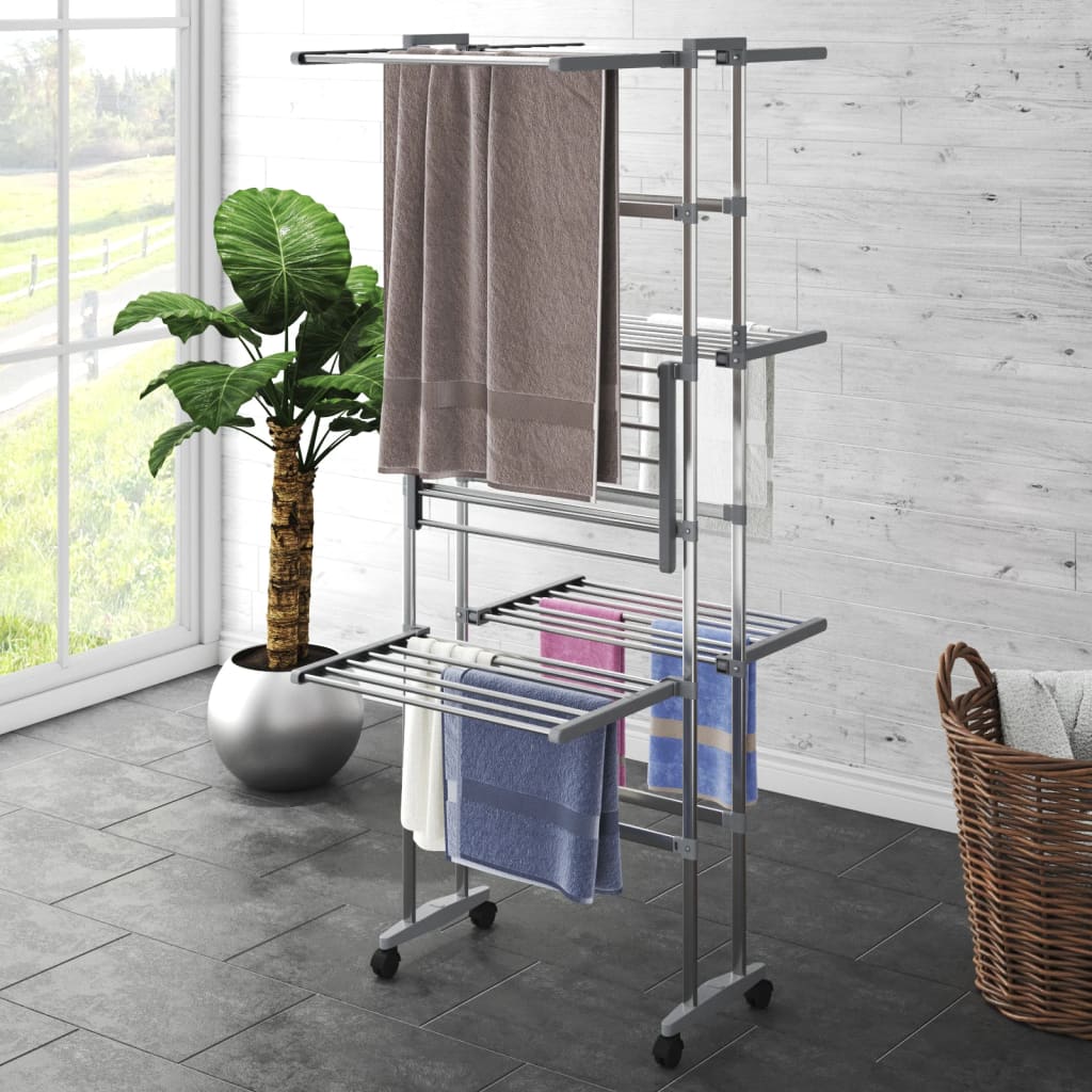 3-Tier Laundry Drying Rack with Wheels Silver 60x70x129 cm - OLBRIT