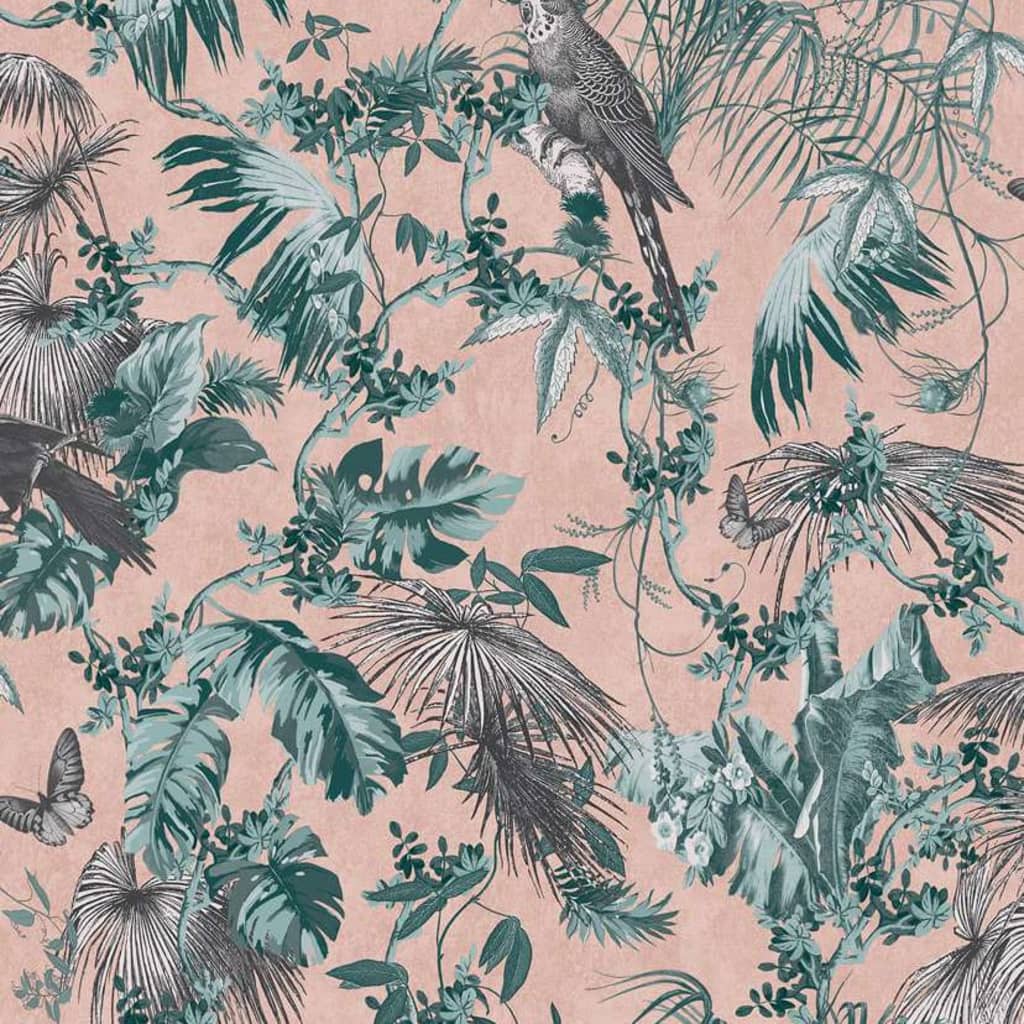 Wallpaper Leaves and Birds Green and Pink - OLBRIT