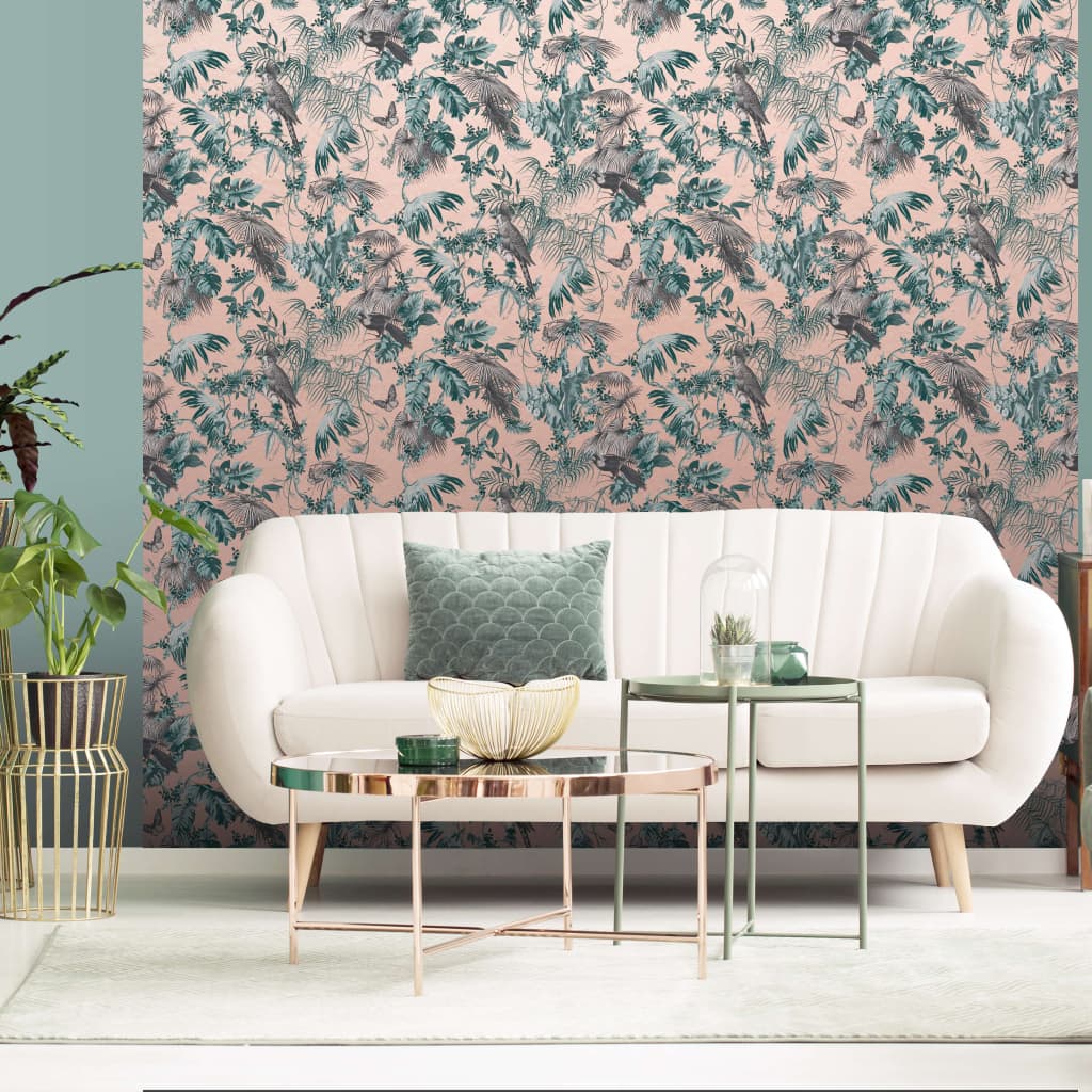 Wallpaper Leaves and Birds Green and Pink - OLBRIT