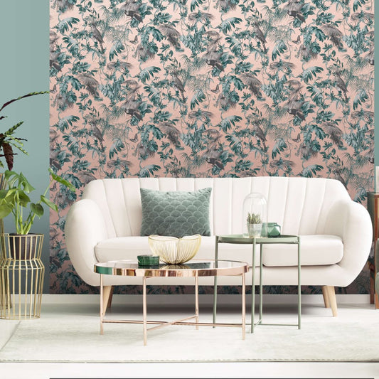 Wallpaper Leaves and Birds Green and Pink - OLBRIT
