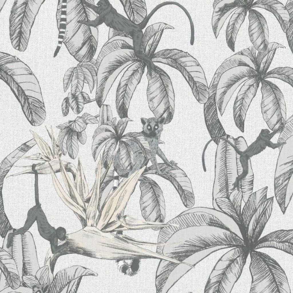 Wallpaper Monkey Jungle Leaves Grey and Black - OLBRIT