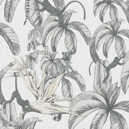 Wallpaper Monkey Jungle Leaves Grey and Black - OLBRIT