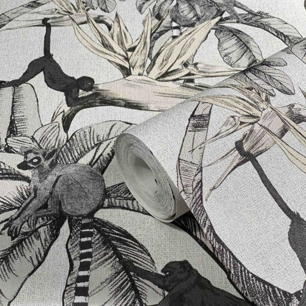 Wallpaper Monkey Jungle Leaves Grey and Black - OLBRIT