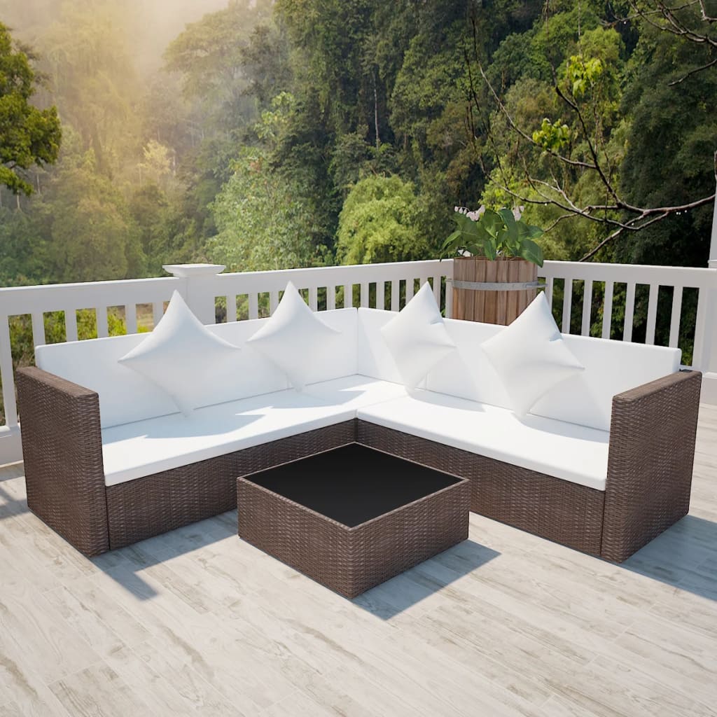 4 Piece Garden Lounge Set with Cushions Poly Rattan Brown - OLBRIT