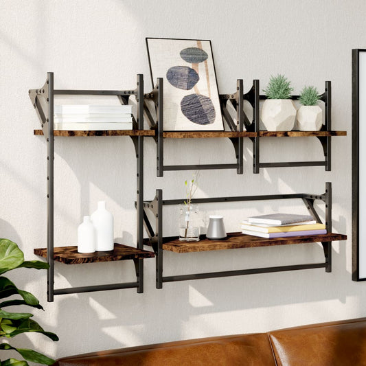 4 Piece Wall Shelf Set with Bars Smoked Oak Engineered Wood - OLBRIT
