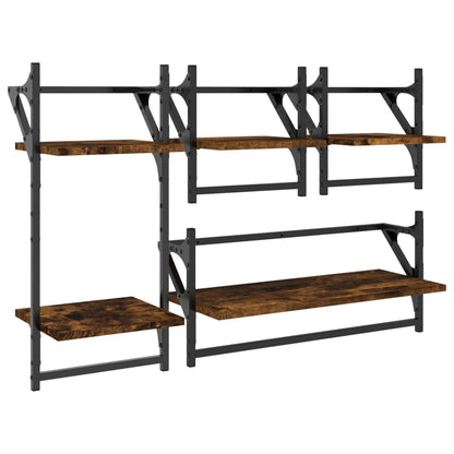 4 Piece Wall Shelf Set with Bars Smoked Oak Engineered Wood - OLBRIT