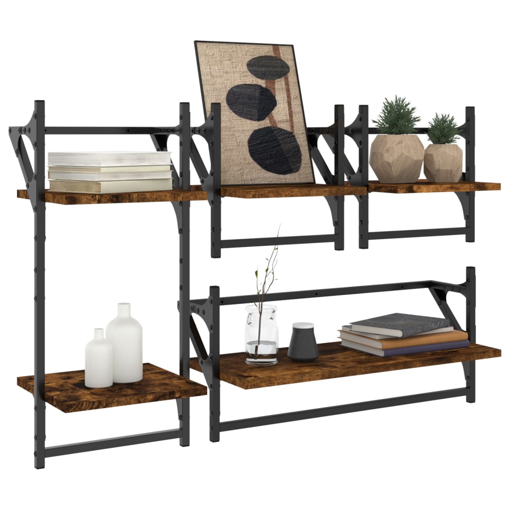 4 Piece Wall Shelf Set with Bars Smoked Oak Engineered Wood - OLBRIT