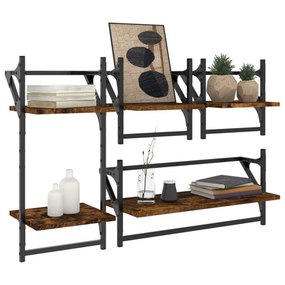 4 Piece Wall Shelf Set with Bars Smoked Oak Engineered Wood - OLBRIT
