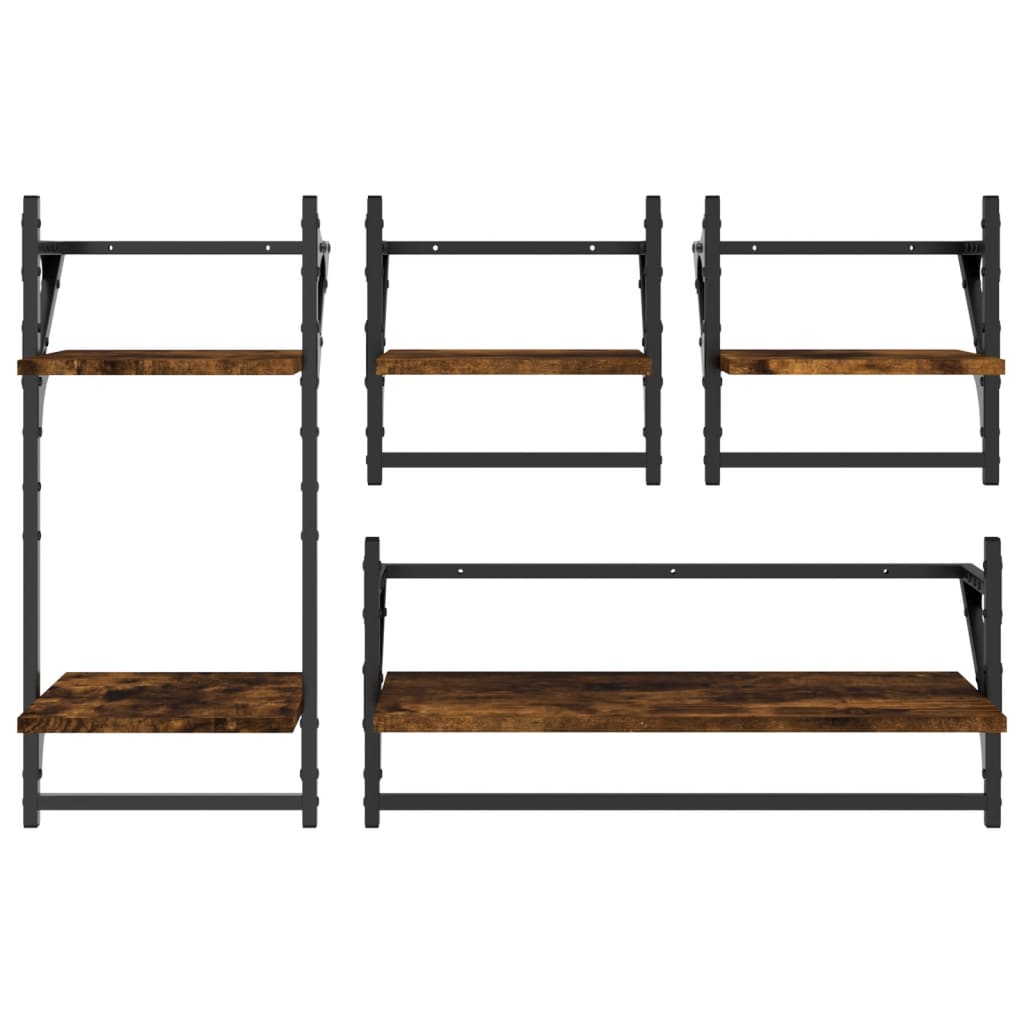 4 Piece Wall Shelf Set with Bars Smoked Oak Engineered Wood - OLBRIT