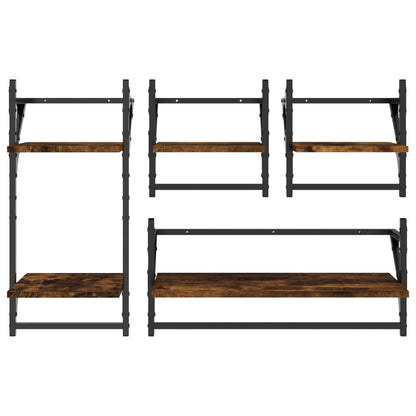 4 Piece Wall Shelf Set with Bars Smoked Oak Engineered Wood - OLBRIT
