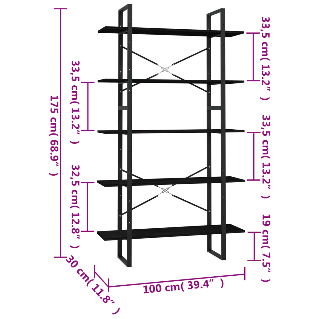 5-Tier Book Cabinet Black 100x30x175 cm Pinewood - OLBRIT