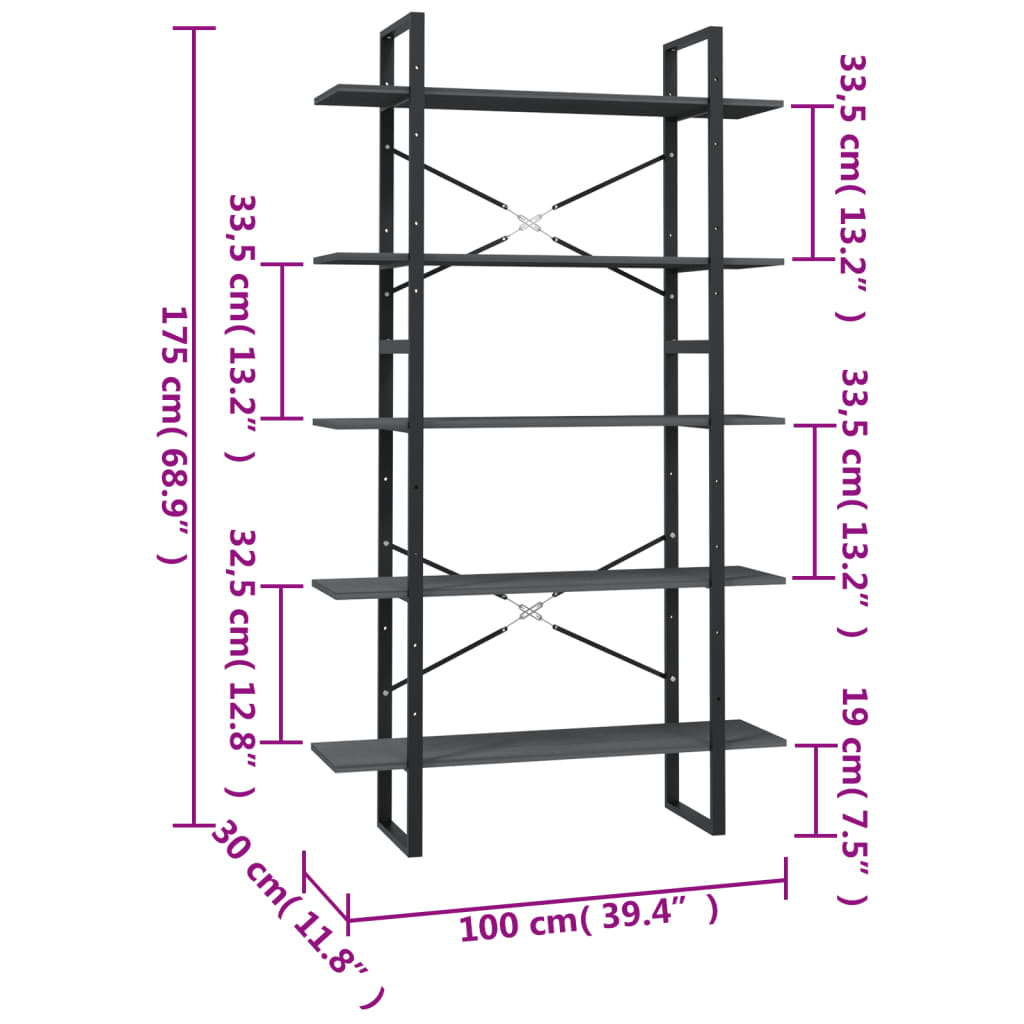 5-Tier Book Cabinet Grey 100x30x175 cm Pinewood - OLBRIT