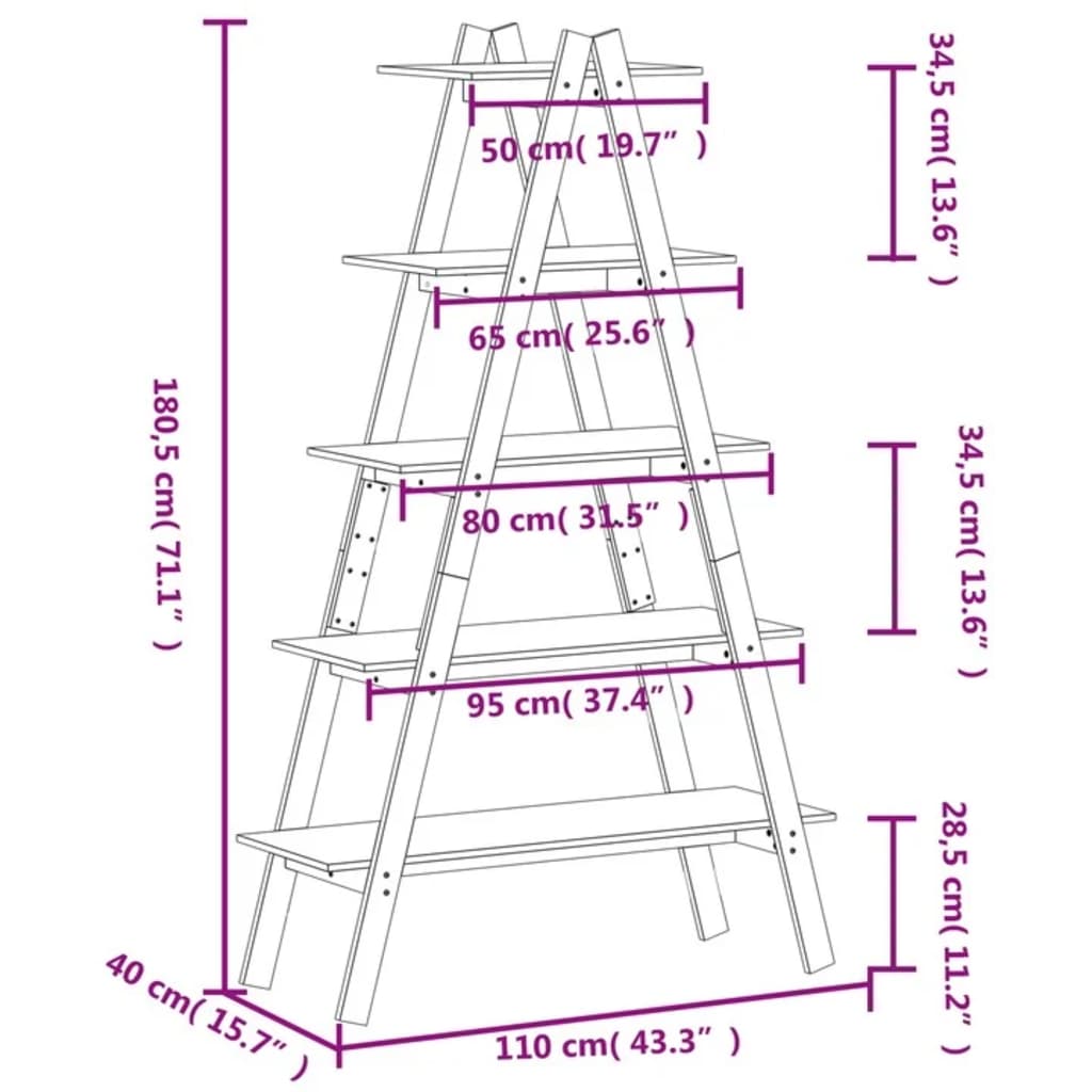 5-Tier Shelf A-shape 110x40x180.5 cm Solid Wood Pine - OLBRIT