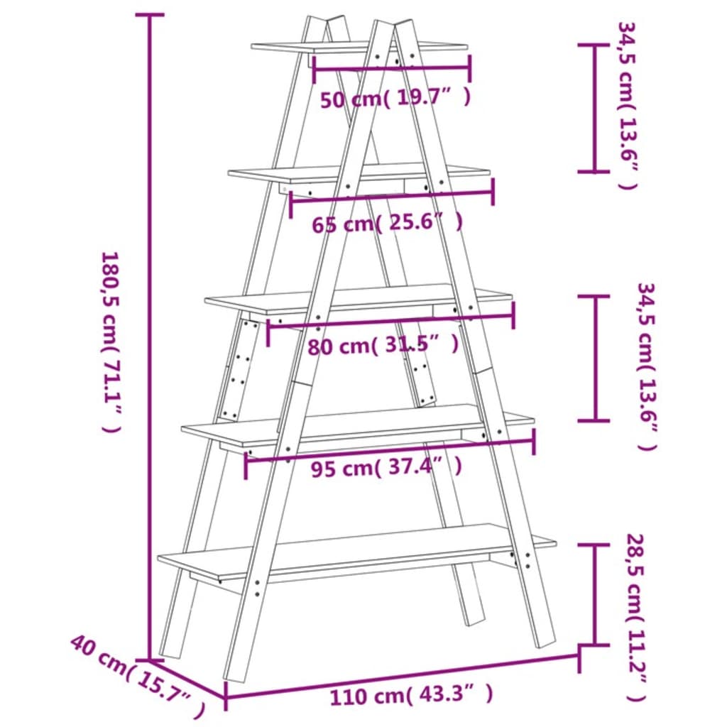 5-Tier Shelf A-shape 110x40x180.5 cm Solid Wood Pine - OLBRIT