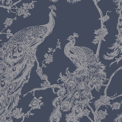 Wallpaper Peacock Navy Blue and Silver - OLBRIT