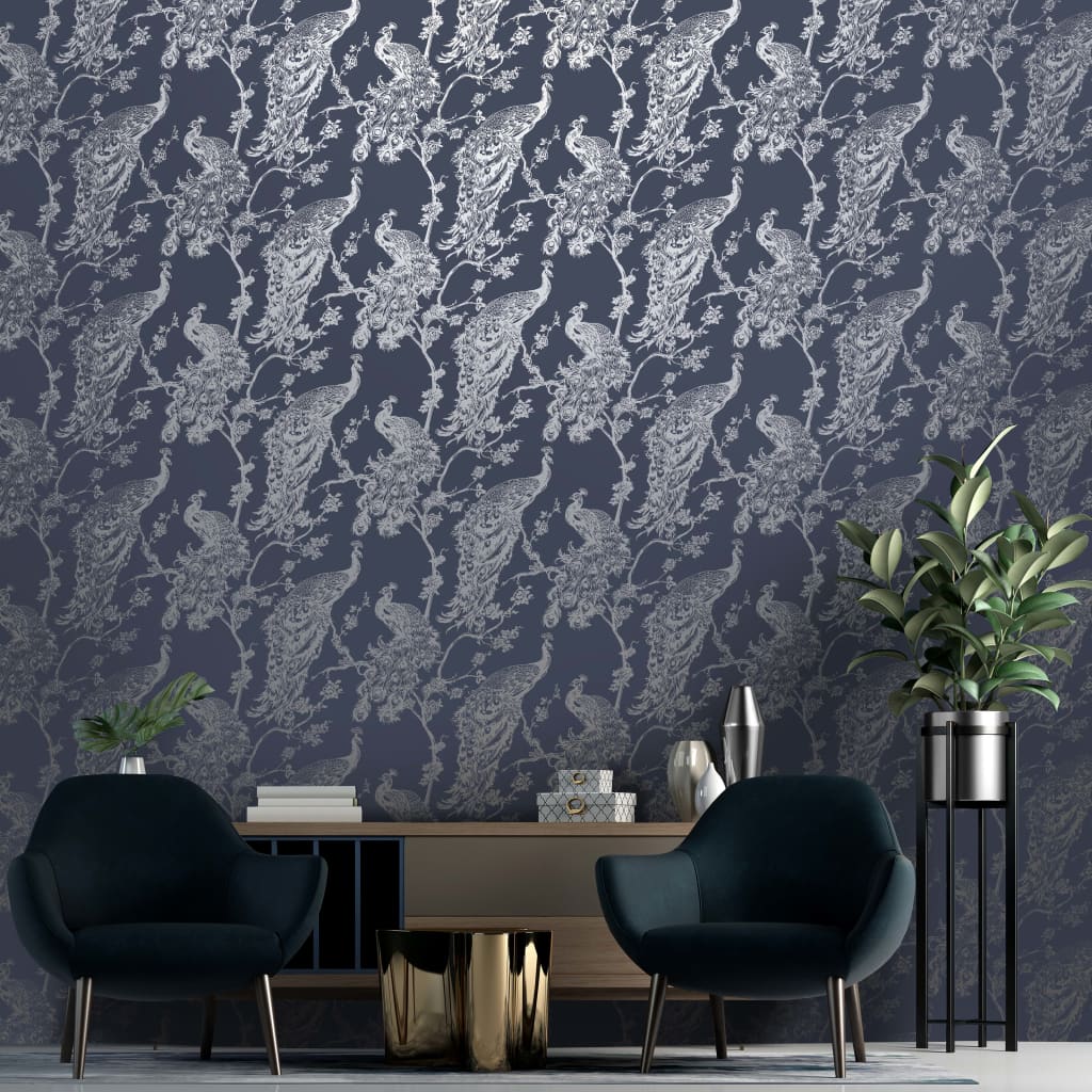 Wallpaper Peacock Navy Blue and Silver - OLBRIT
