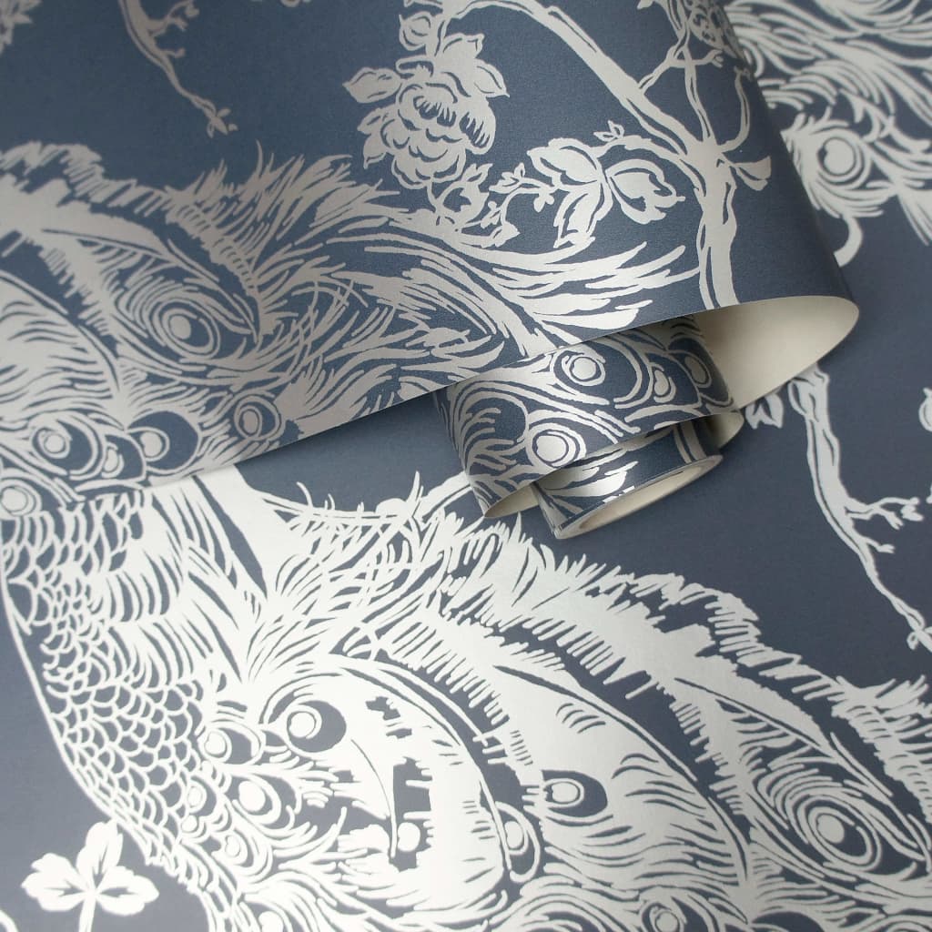 Wallpaper Peacock Navy Blue and Silver - OLBRIT