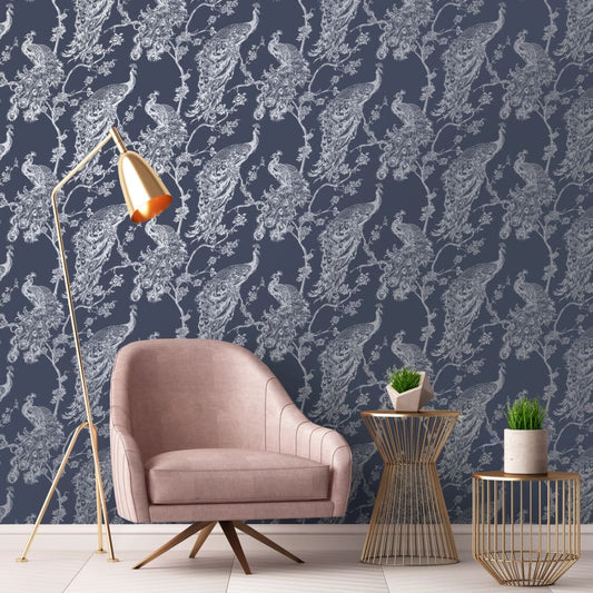 Wallpaper Peacock Navy Blue and Silver - OLBRIT