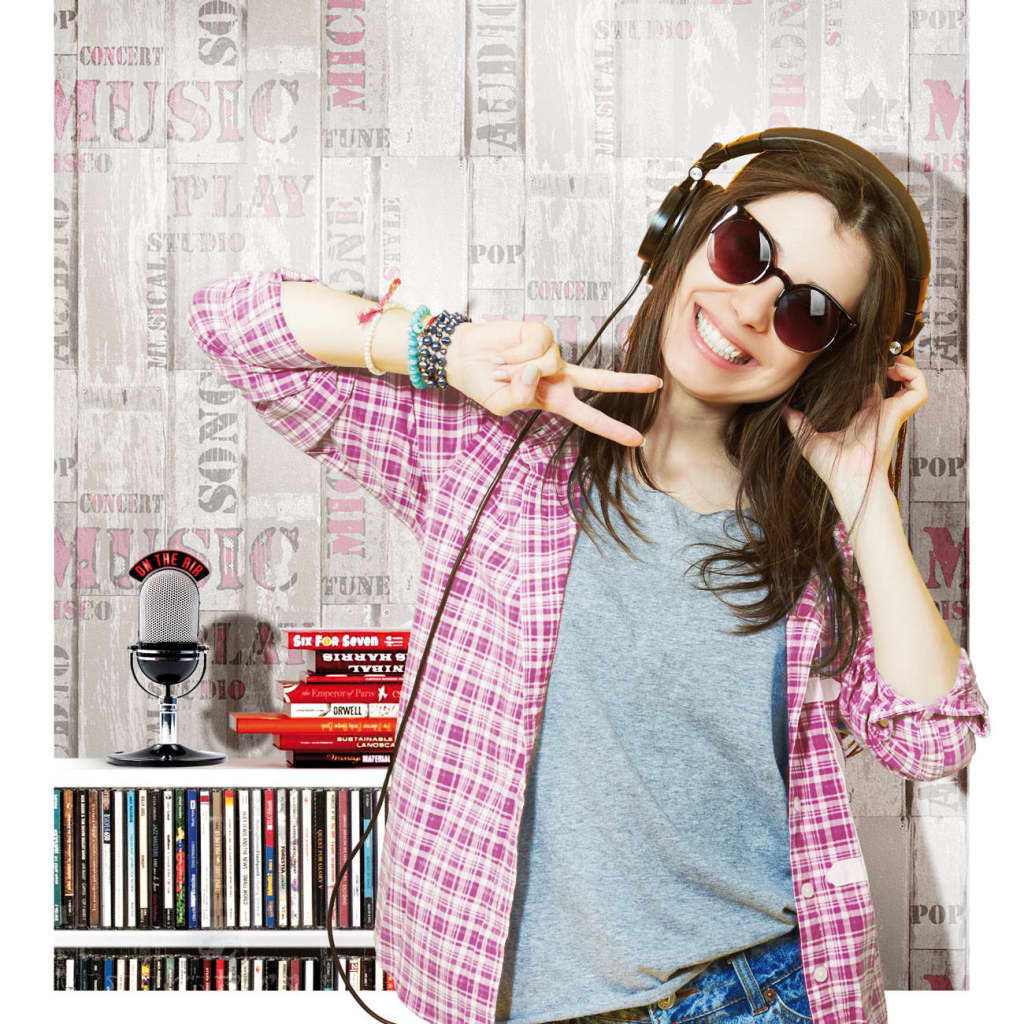 Urban Friends & Coffee Wallpaper Wooden Planks Words Beige and Pink - OLBRIT