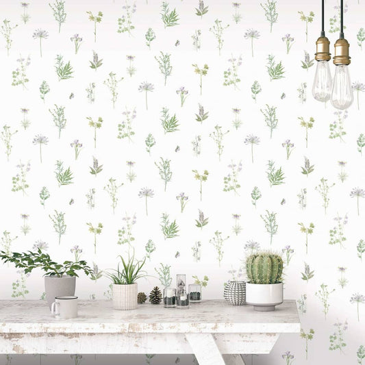 Evergreen Wallpaper Herbs And Flowers White - OLBRIT