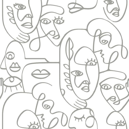 Wallpaper Friends & Coffee Line Art Faces White and Metallic - OLBRIT