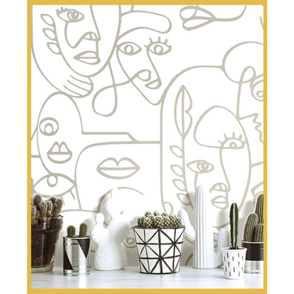 Wallpaper Friends & Coffee Line Art Faces White and Metallic - OLBRIT