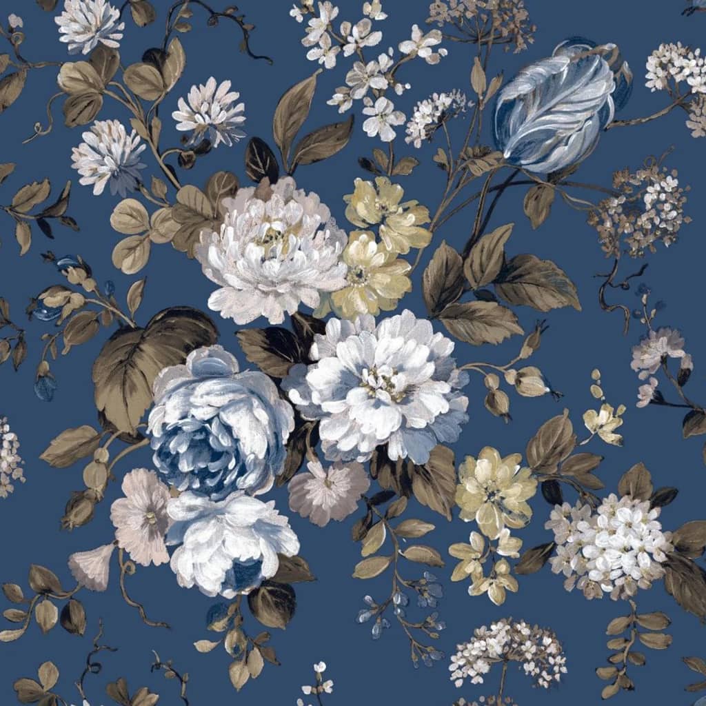 Wallpaper Blooming Garden 6 Big Flowers Blue and Brown - OLBRIT