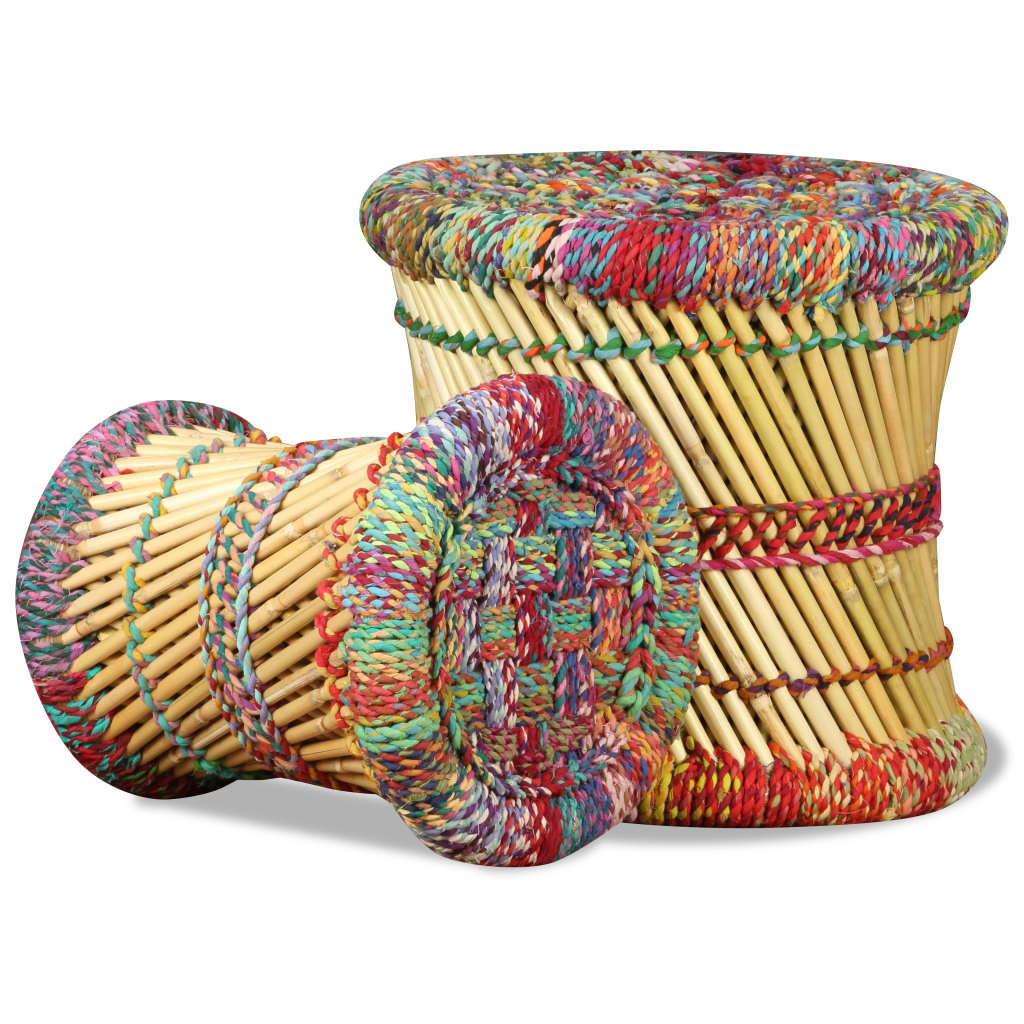Stools with Chindi Details 2 pcs Multicolour Bamboo - OLBRIT